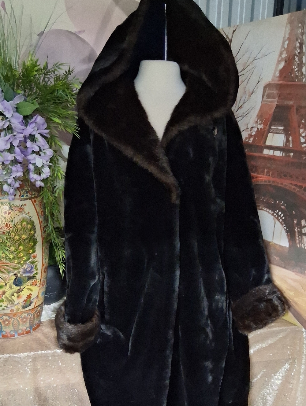 Luxury Black Mink Faux Fur Black And Mahogony Mink Hooded Coat